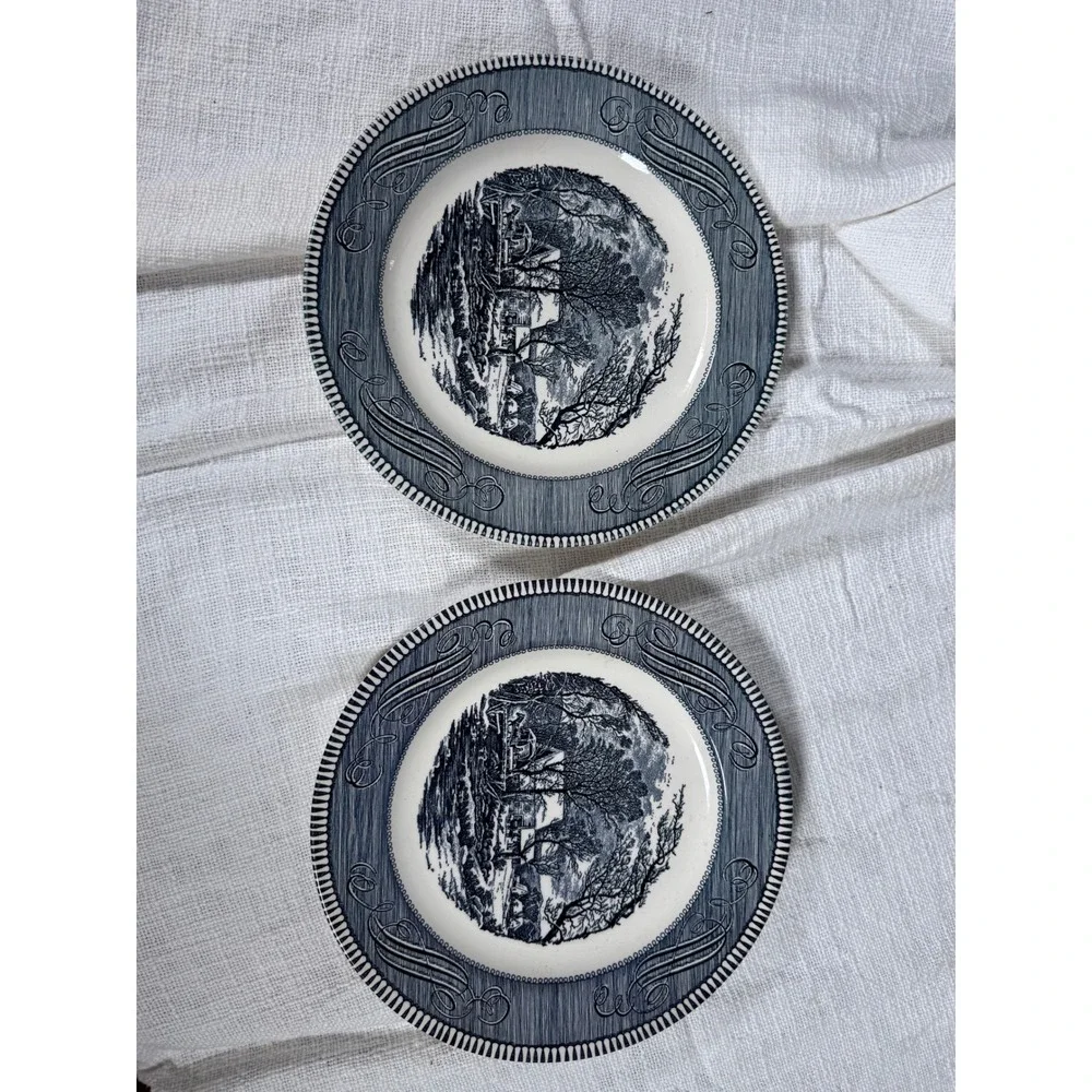 Royal China Americana Currier & Ives Blue White Plates Old Grist Mill Set of 2